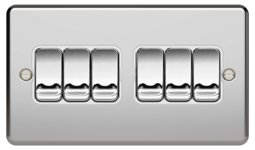 WRPS62PSW 10AX 6 GANG 2 WAY WALL SWITCH DECORATIVE POLISHED STEEL WHITE INSERT RAISED